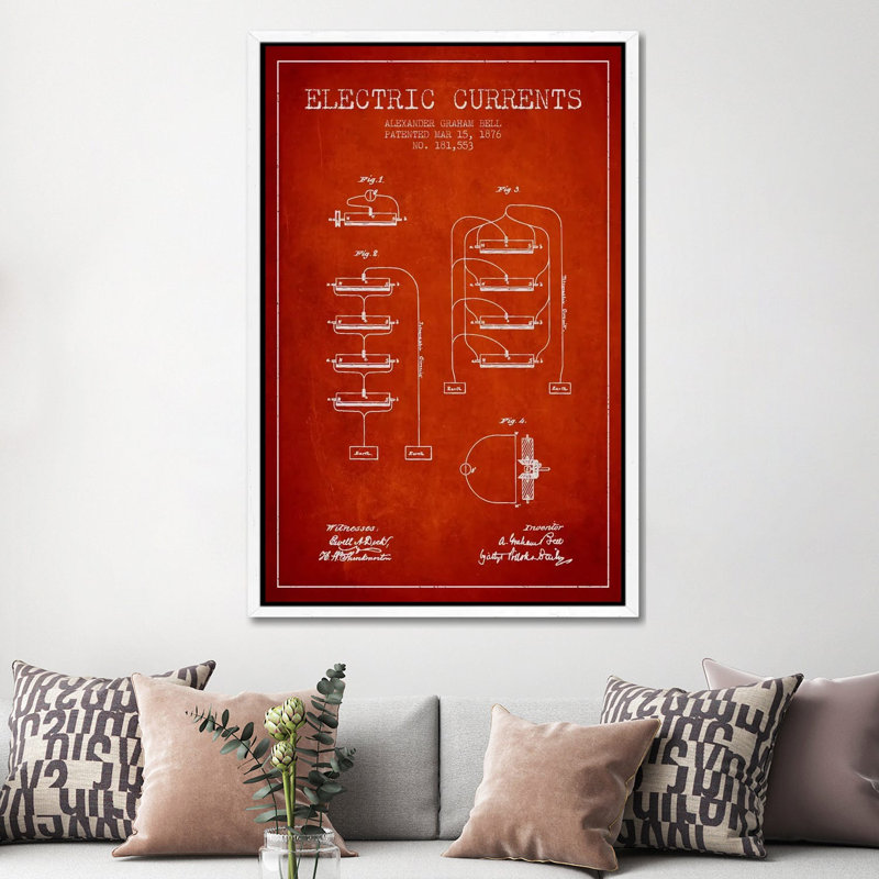 Electric Currents Red Patent Blueprint by Aged Pixel - Gallery-Wrapped Canvas Giclée on Canvas, White Framed