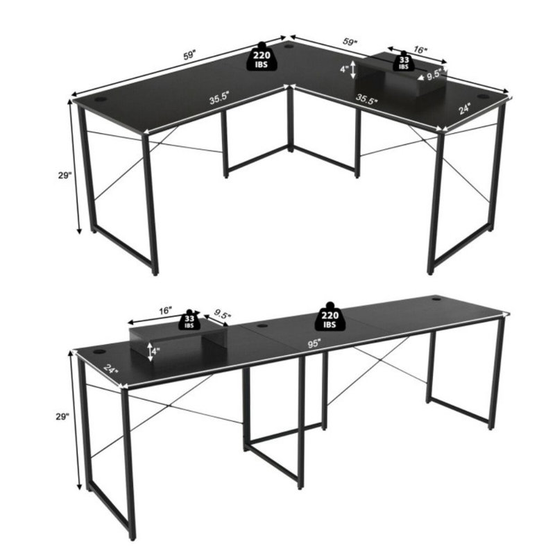 Bureau d'ordinateur en L pour 2 personnes avec support pour écran, Noir