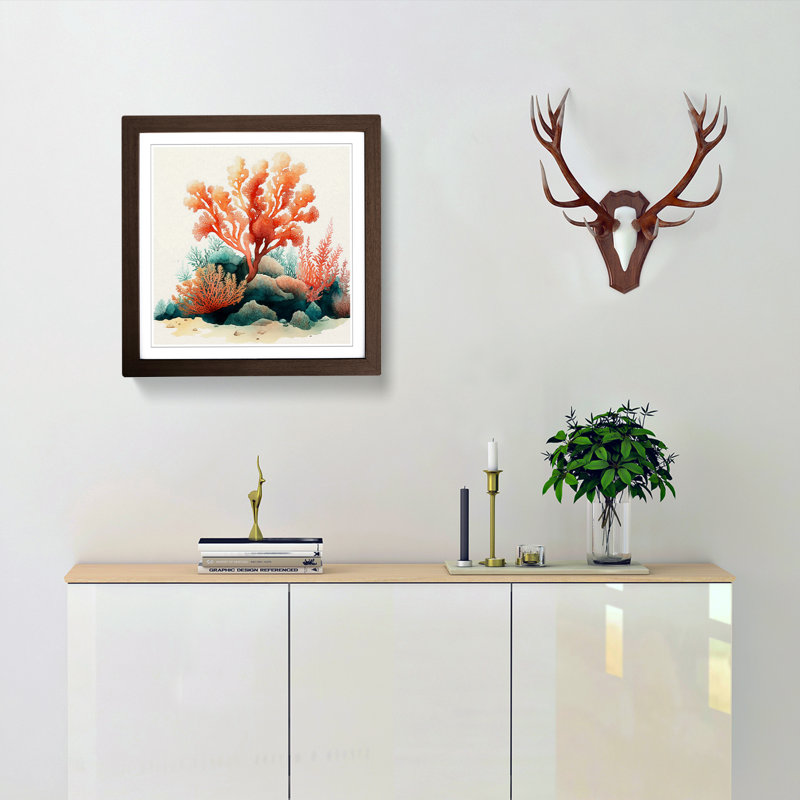 Coral Watercolour - Single Picture Frame Print on Wood, Walnut