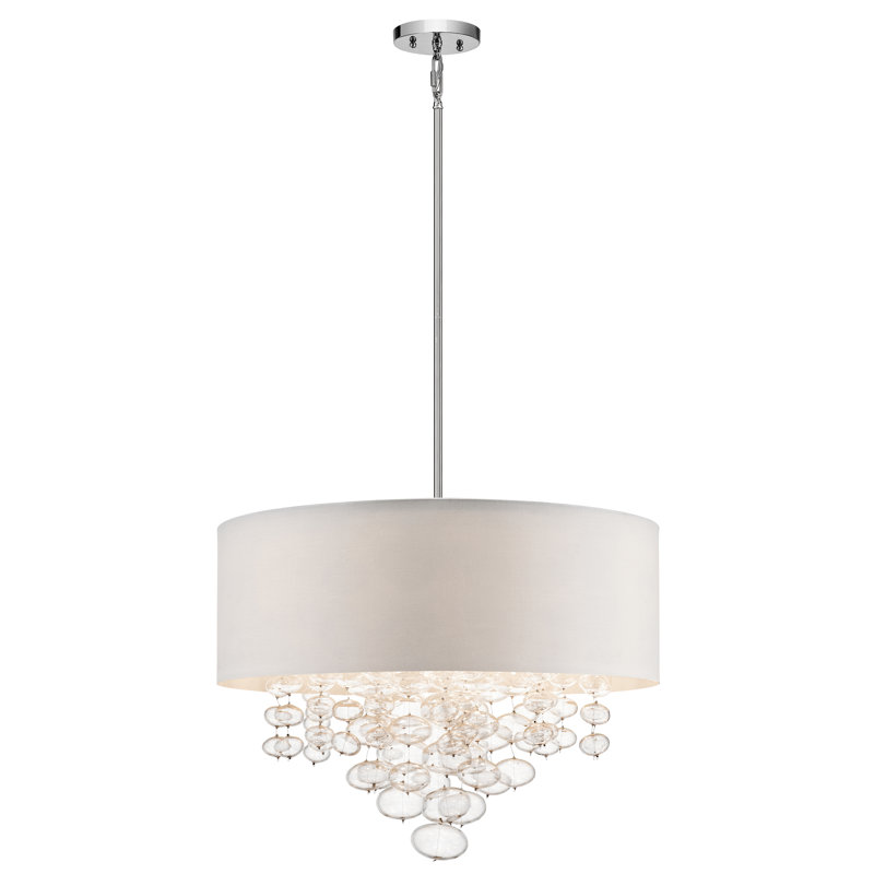 Piatt Chrome 24" Drum Pendant with White Hardback Shade and Glass Accents