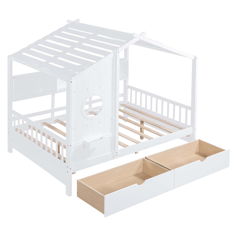 Lit en bois pour enfants avec 2 tiroirs et tablette de rangement, Double, Blanc