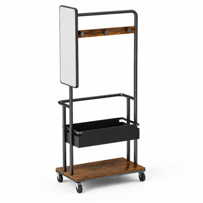 Sturdy 3-in-1 Mobile Metal Coat Rack with 360-degree Casters, Multi-Functional Clothing Rack with Hanging Area, Storage Pouch, Side Mirror and Bottom Compartment, Large Capacity Garment Organizer for Hallway, Bedroom, Closet, Laundry Room, Dorm