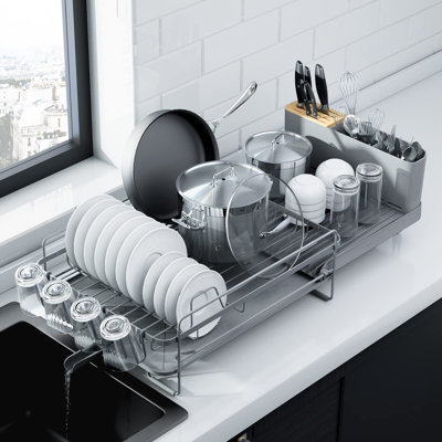 Grand égouttoir à vaisselle - Égouttoir à vaisselle extensible, égouttoir à vaisselle multifonctionnel pour comptoir de cuisine, égouttoirs à vaisselle antirouille avec couverts et porte-gobelets de 19,2 à 26,7 po x l 12,9 po, argent