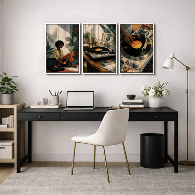 Cozy Vinyl Record Lifestyle Artwork, Retro Music Turntable Home Interior Pictures, Framed Canvas Giclee Print 3 Pieces Wall Art