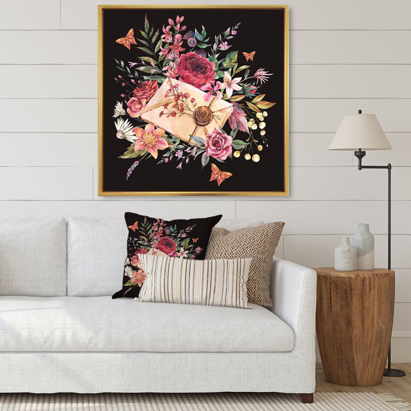 Lettre rétro vintage avec fleurs - peinture sur toile, H 16 po x l 16 po x P 1 po, Cadre flottant doré