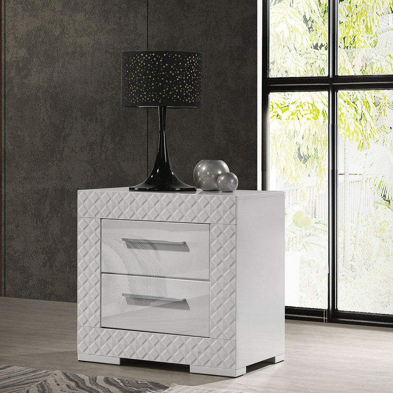 Table de chevet 2 tiroirs Pierce, Blanc brillant