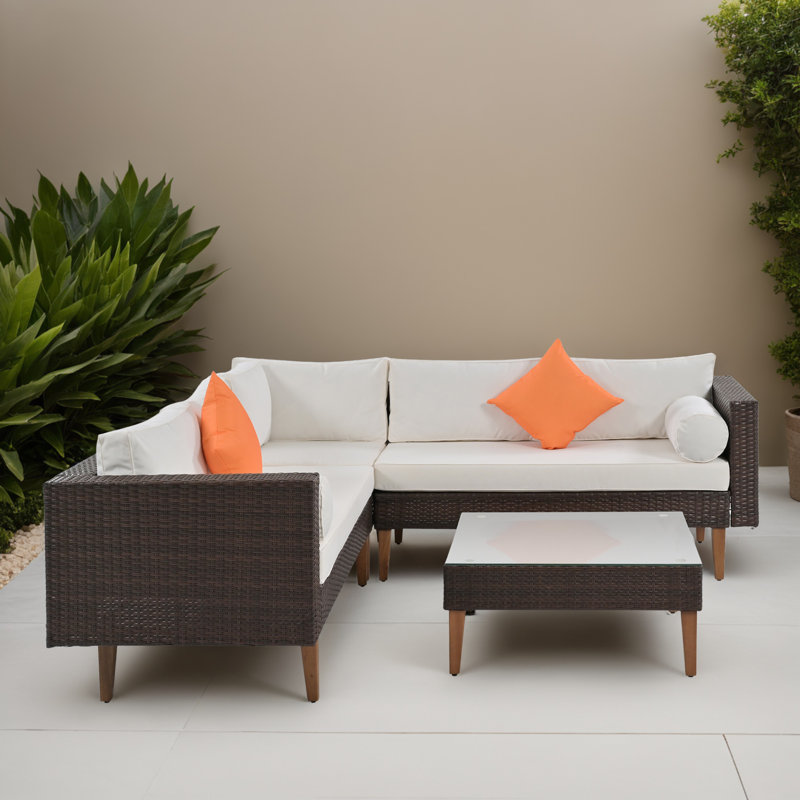 Ensemble de canapés modulaires en rotin pour l'extérieur 4 pièces pour jardin, cour et balcon, Beige/brun