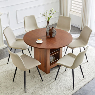 42" Round Dining Set With 2-Tier Storage Base, 7-Piece Mid-Century Modern Kitchen Table And Chairs For 6, Walnut Finish Manufactured Wood Table & 6 Light Gray Faux Leather Chairs With Black Metal Legs