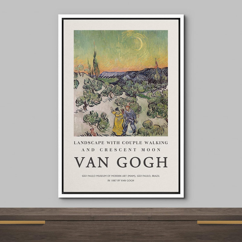 Classical Artwork Landscape Couple Walking Framed On Canvas by Vincent Van Gogh Print, 24" H x 16" W x 1.5" D, White