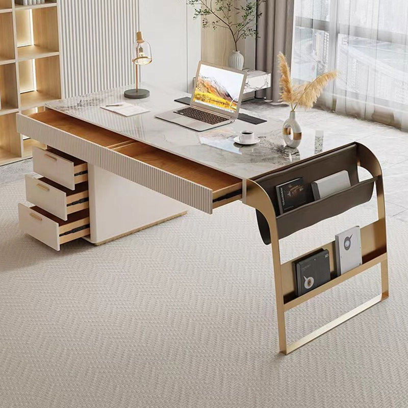 Bureau beige et blanc + pierre frittée rectangulaire dorée + bois manufacturé + bureau en acier inoxydable avec 5 tiroirs