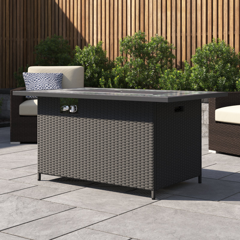 Anatilde Rectangle Steel, PE Rattan, Marble Propane Smokeless Fire Pit Table with Hidden Fuel Tank