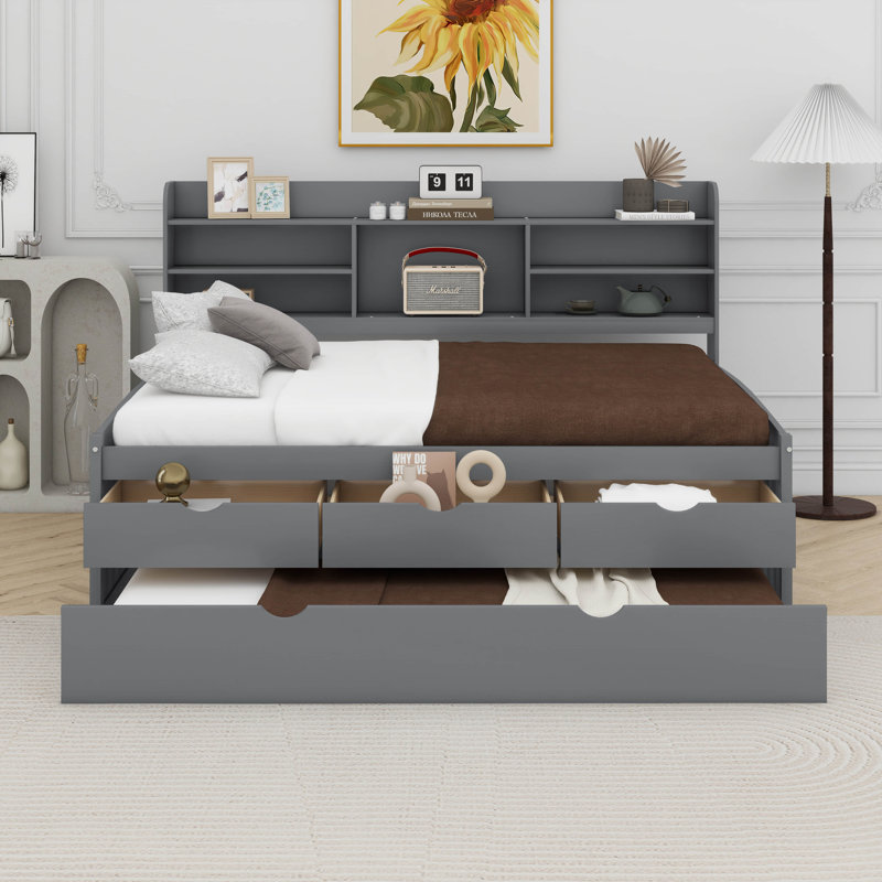 Brona Full Size Wooden Captain Bed with Built-in Bookshelves, Three Storage Drawers and Trundle, Light Gray