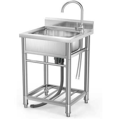 55×50×90cm Stainless Steel 304 Utility Sink with 360° Swivel Hot & Cold Faucet, Rust Resistant, Leak Proof, Single Bowl Freestanding Kitchen & Laundry Sink with Backsplash & Undershelf