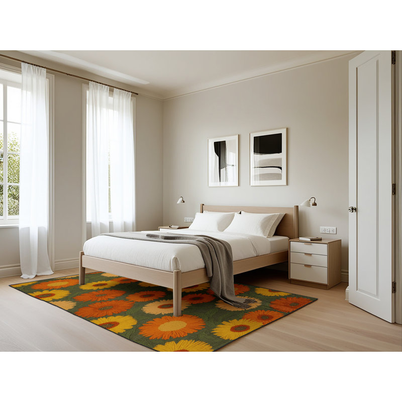 Tapis botanique brun lavable à la machine, Rectangle 5 pi x 7 pi