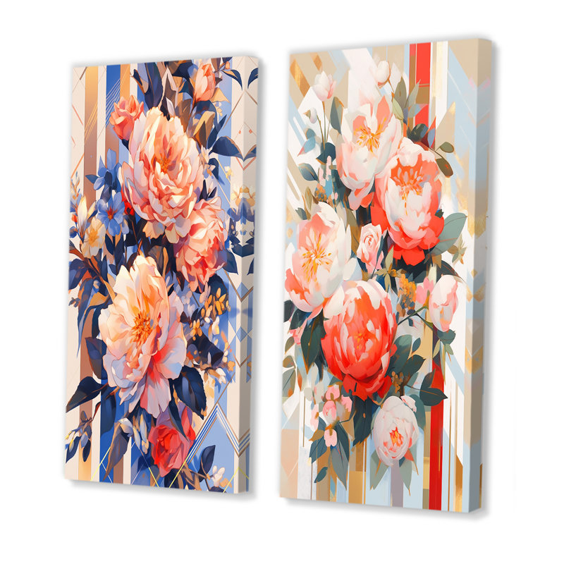 Corail sérénade de pivoines - ensemble de 2 reproductions d'art mural pivoines, Toile tendue, H 32 po x l 33 po