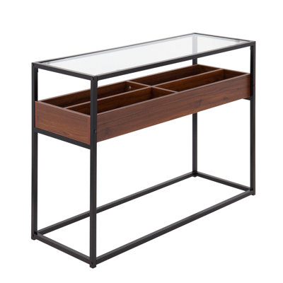 Console contemporaine en métal noir, bois de noyer et verre transparent
