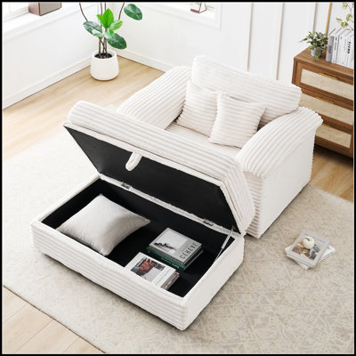 Fauteuil rembourré en velours côtelé avec tabouret de rangement et deux ports de chargement USB pour les petits espaces.