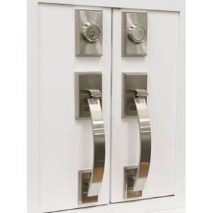 Cozyblock Double Door Handle Sets With Single Cylinder Deadbolt, Rectangular Adjustable Entry Door Lock Sets With Dummy (Round Lever, Brushed Nickel)