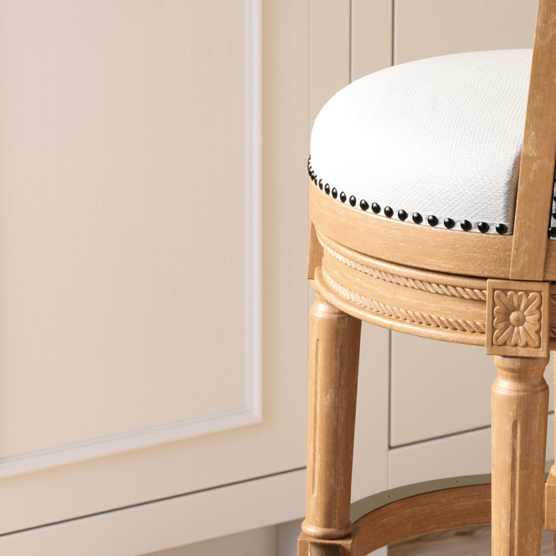 Barre pivotante en bois à haut dossier 31 po, cadre naturel vieilli, siège en tissu gris, pivot pivotant à retour automatique 180 po, garniture cloutée appliquée à la main, repose-pieds en métal, convient aux espaces rustiques et transitionnels