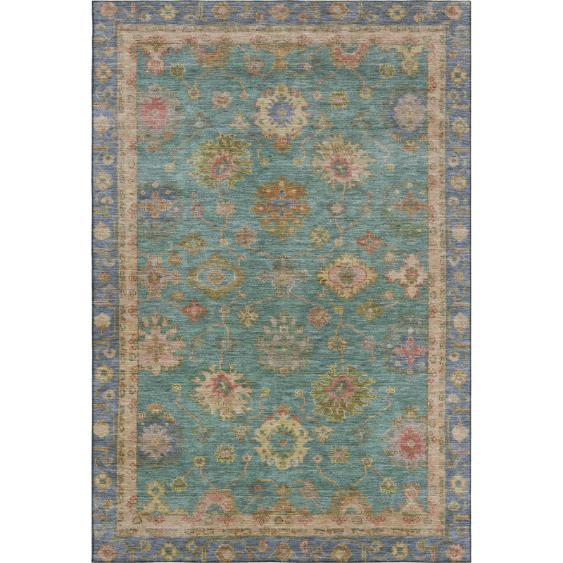 Premium Machine Washable Mayfield AMF2045 Global Rug, Teal, 9' x 12'