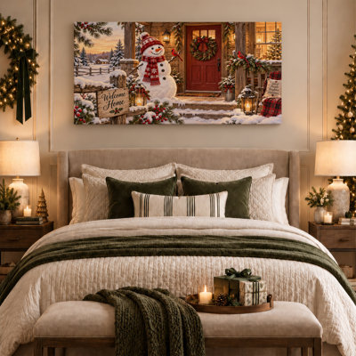 «Winter Snowman and Cardinals on Rustic Cabin Christmas», art mural sur toile