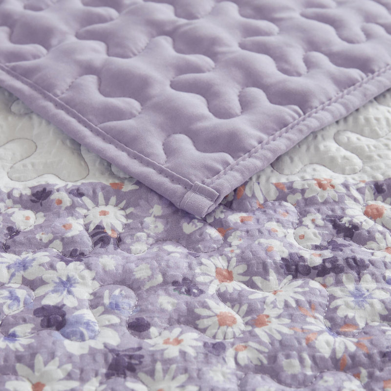 Courtepointe très grande / très grande taille, jeté, imprimé en microfibre, trois motifs floraux, coussin froncé, lavable à la machine 4 pièces - courtepointe, 2 taies décoratives, 1 jeté