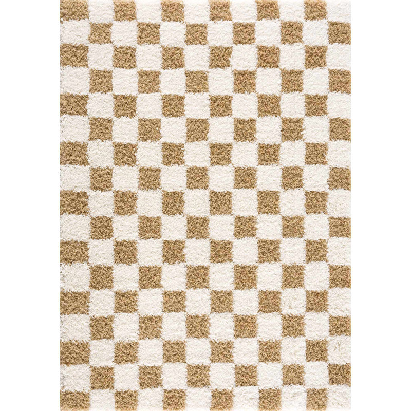 Atiran Checkered Plush Pile Brown Area Rug, Rectangle 4' x 6'