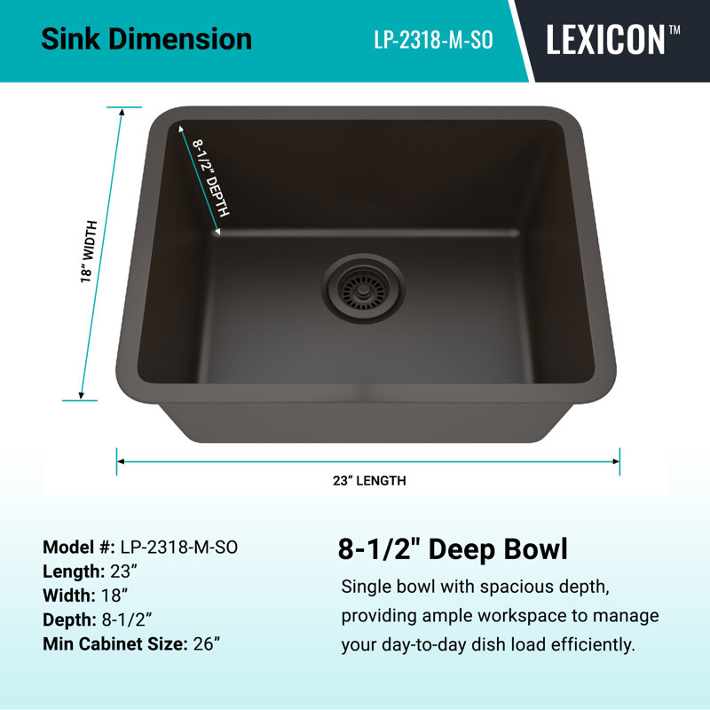 Lexicon Platinum 23" x 18" Single Bowl Quartz Kitchen Sink, Drop-In or Undermount, Granite Composite, Mocha