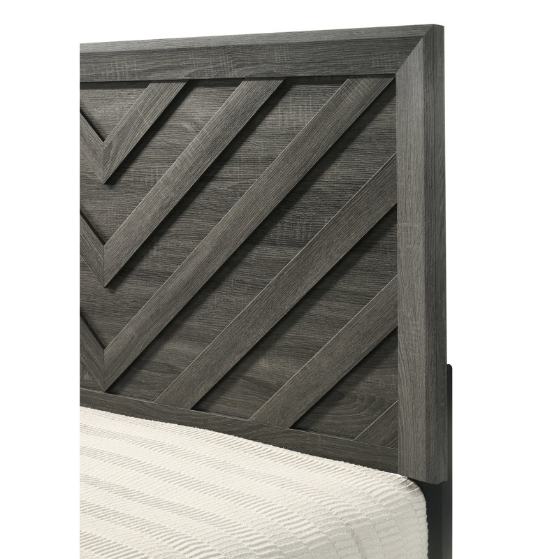 Lit unie et double avec motif, motif géométrique au fini gris rustique, cadre de meuble de chambre à coucher en bois contemporain, finition de style pièce