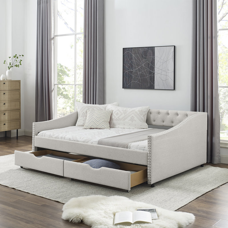 Lit de jour avec tiroirs, canapé-lit capitonné, avec bouton sur le dos et clou en cuivre sur les accoudoirs ondulés, Beige