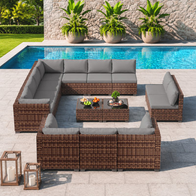 14-piece Modular Outdoor Rattan Wicker Sectional Seating Group With Cushions and 2 Coffee Tables (set of 2)