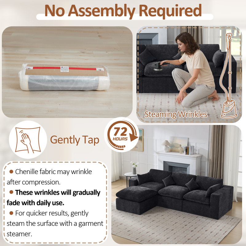 Canapé modulaire à compression avec repose-pieds, Chenille noir foncé, H 38,6 po x l 155,1 po x P 74,8 po