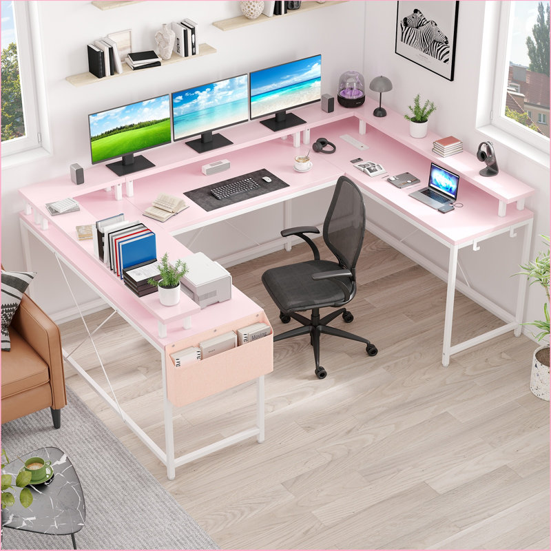 U Shaped Computer Gaming Desk with Power Outlets & LED Lights, Monitor Stand,Reversible L Shaped Desk Large Corner Desk with Storage Shelves for Home Office
