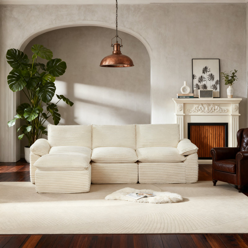 111" Wide L-Shaped Corduroy Modular Sectional Sofa With Ottoman, No Assembly Needed, White
