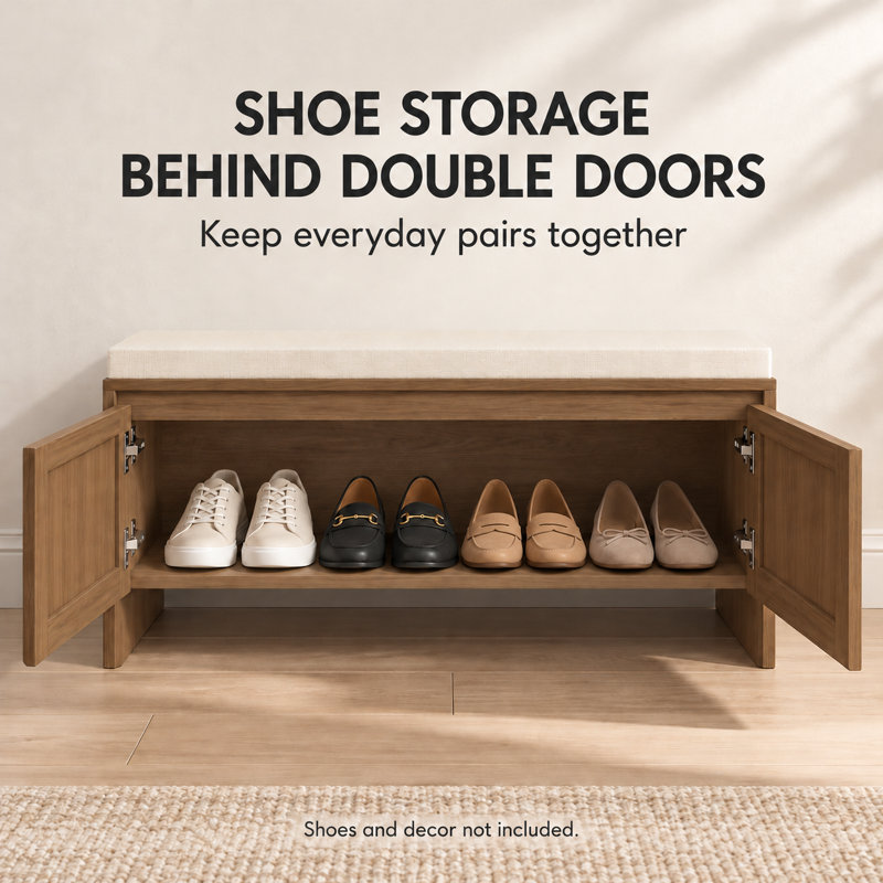 Banc de rangement à chaussures en rotin PP avec coussin et 2 portes