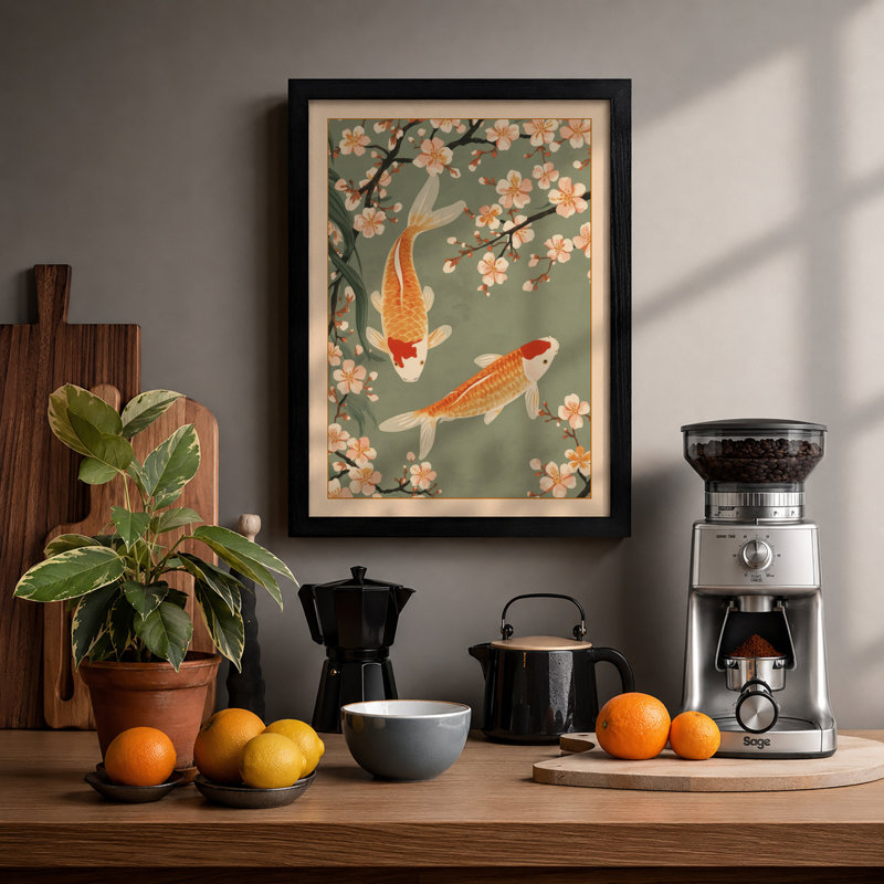 Koi Among Blossoms Japandi - Framed Print, A2 - 59.4 x 42.0 cm, Black