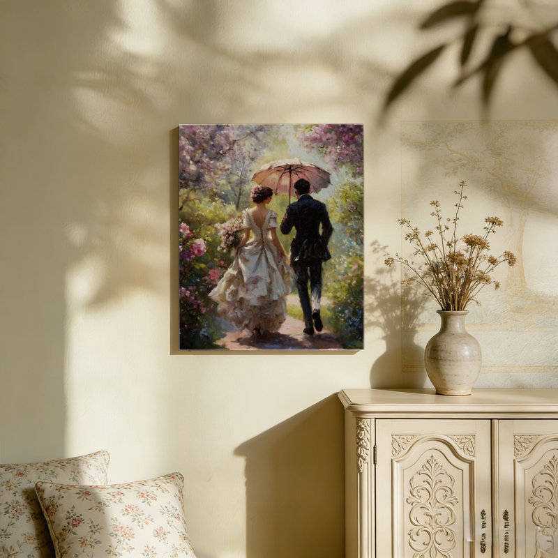 Rose et vert Couple romantique se promenant dans le jardin victorien avec cadre en bois à dossier encastré, art mural 36 po x 24 po