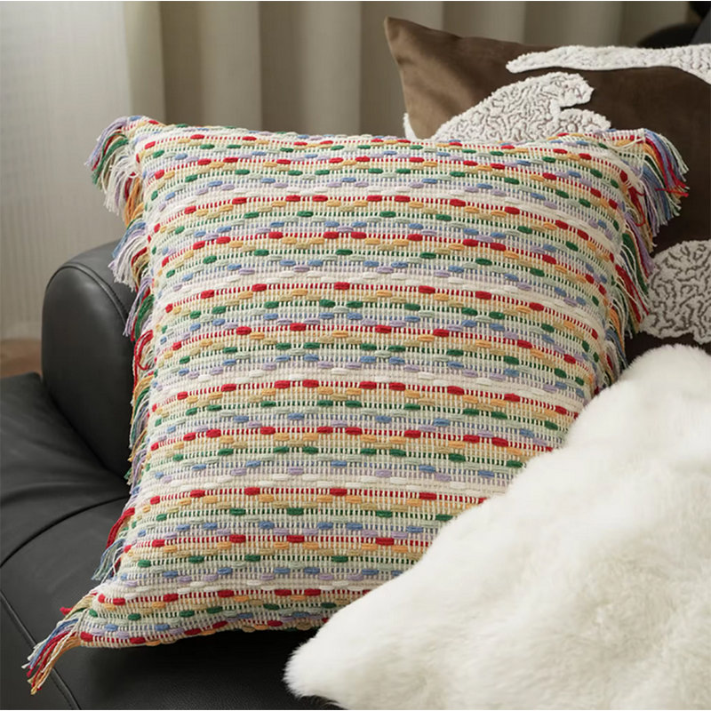 Multicolor Cotton Jacquard Striped Fringe Pillow Cover 18" x 18"