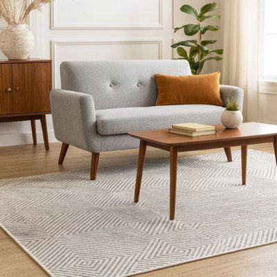 Tapis Glam, motif géométrique, polyester touffeté gris blanc, laine