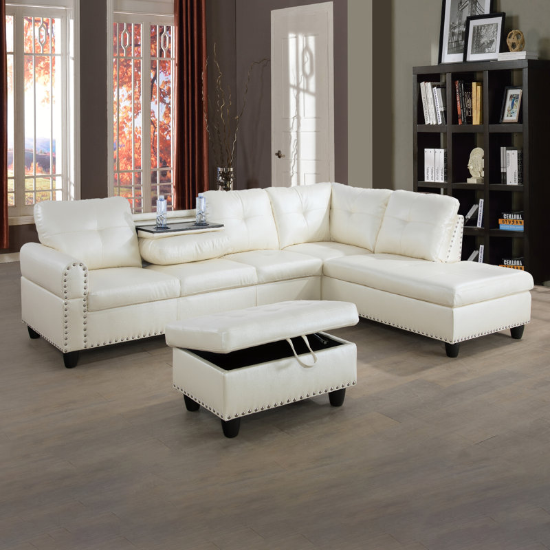 Aamanah 97"Faux Leather Sectional with Ottoman, Right Hand Facing, White Faux Leather