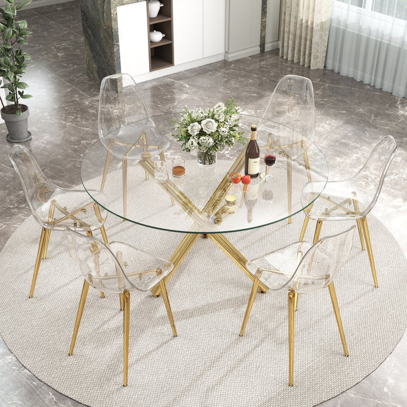 Ensemble de salle à manger en verre, Or, H 29,5 po x L 47,2 po x l 47,2 po, 7