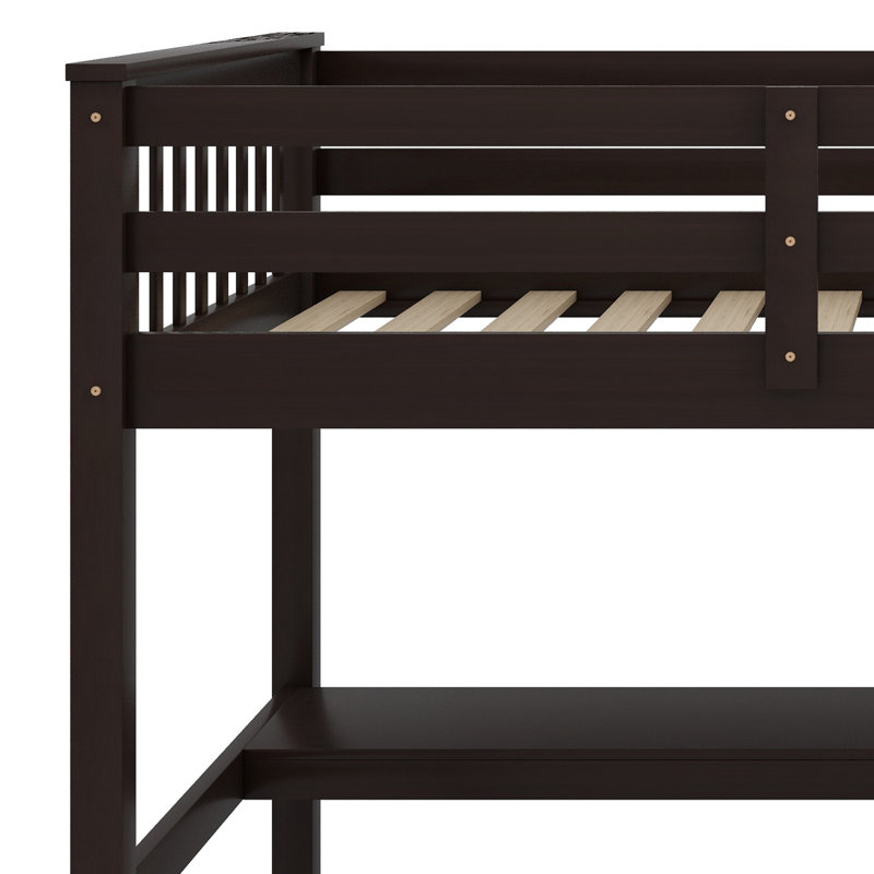 Lit mezzanine avec tablettes de rangement et bureau sous le lit, Espresso