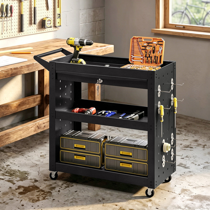 HOMCOM 3-Tier Shelf Storage Trolley Wheel Cart with Lockable Wheels Black