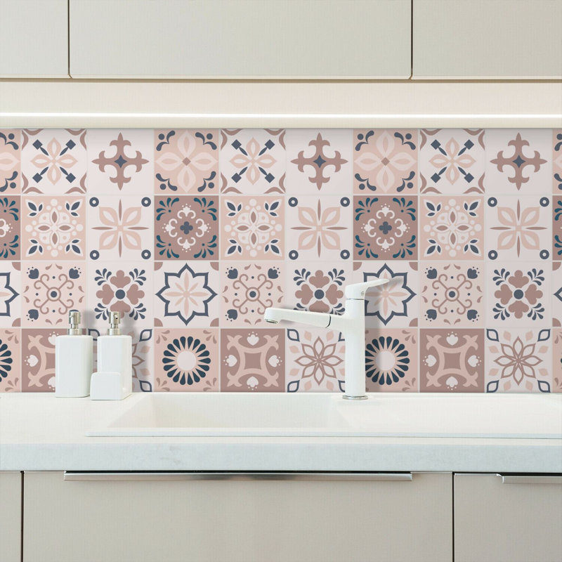 Marjorelle Black and White Moroccan Wall Tile Sticker Set 15cm x 15cm PVC , Pink/Grey