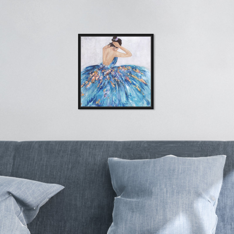 Bleu et festif - Peinture sur papier, H 12 po x l 12 po, Toile avec cadre flottant noir