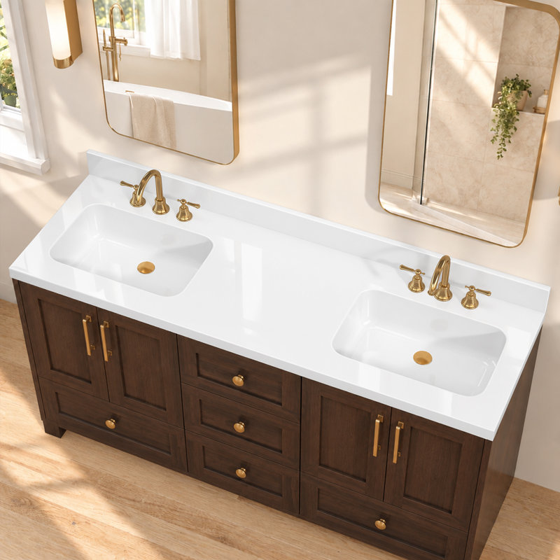 72 in W x 22 in D White Solid Surface Double Sink Vanity Top with Integrated Basins and 4 in Backsplash
