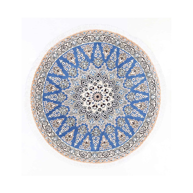 Tapis rond en laine et soie persane noué à la main de couleur bleu clair 3 pi 9 po x 3 pi 9 po