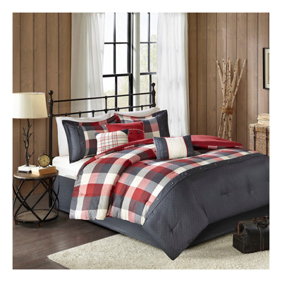 7 Piece Red Herringbone Comforter Set - King Size Farmhouse Bedding with Decorative Pillows, Hypoallergenic Polyester Fill, Machine Washable