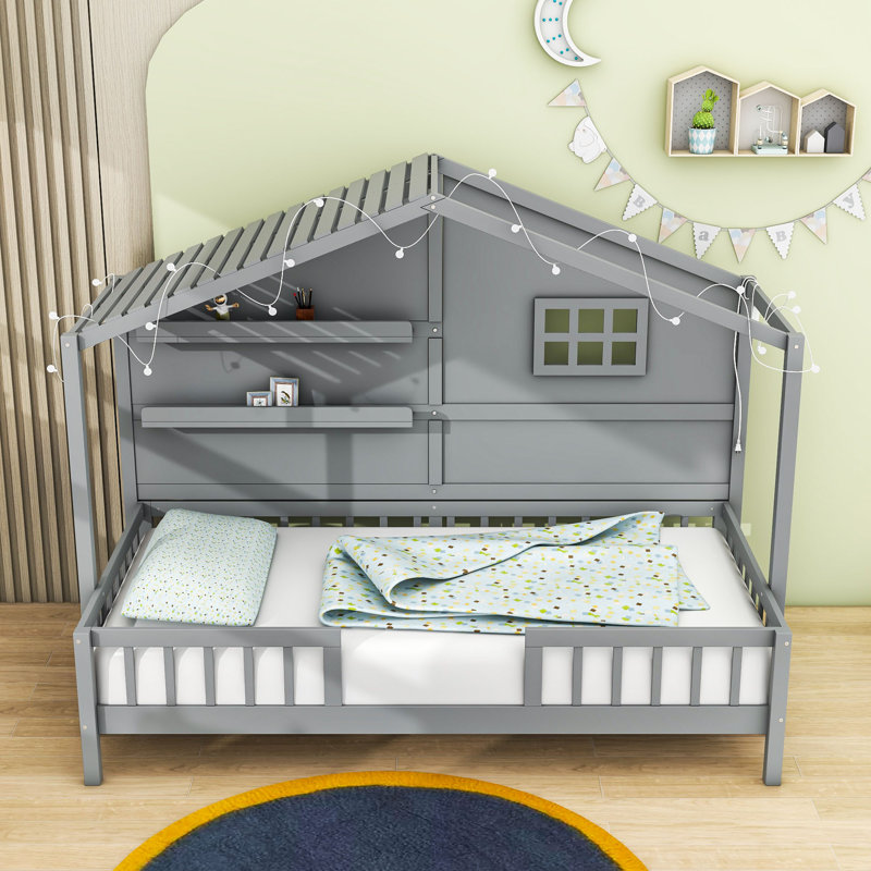 Fidelius Twin Wood Platform Bed with Shelves and Guardrail, Gray