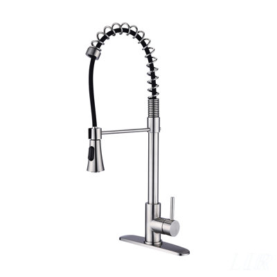 Brushed Nickel Single Handle Commercial Modern Spring High Arc Kitchen Faucet with Flexible Spout and Water Filter System